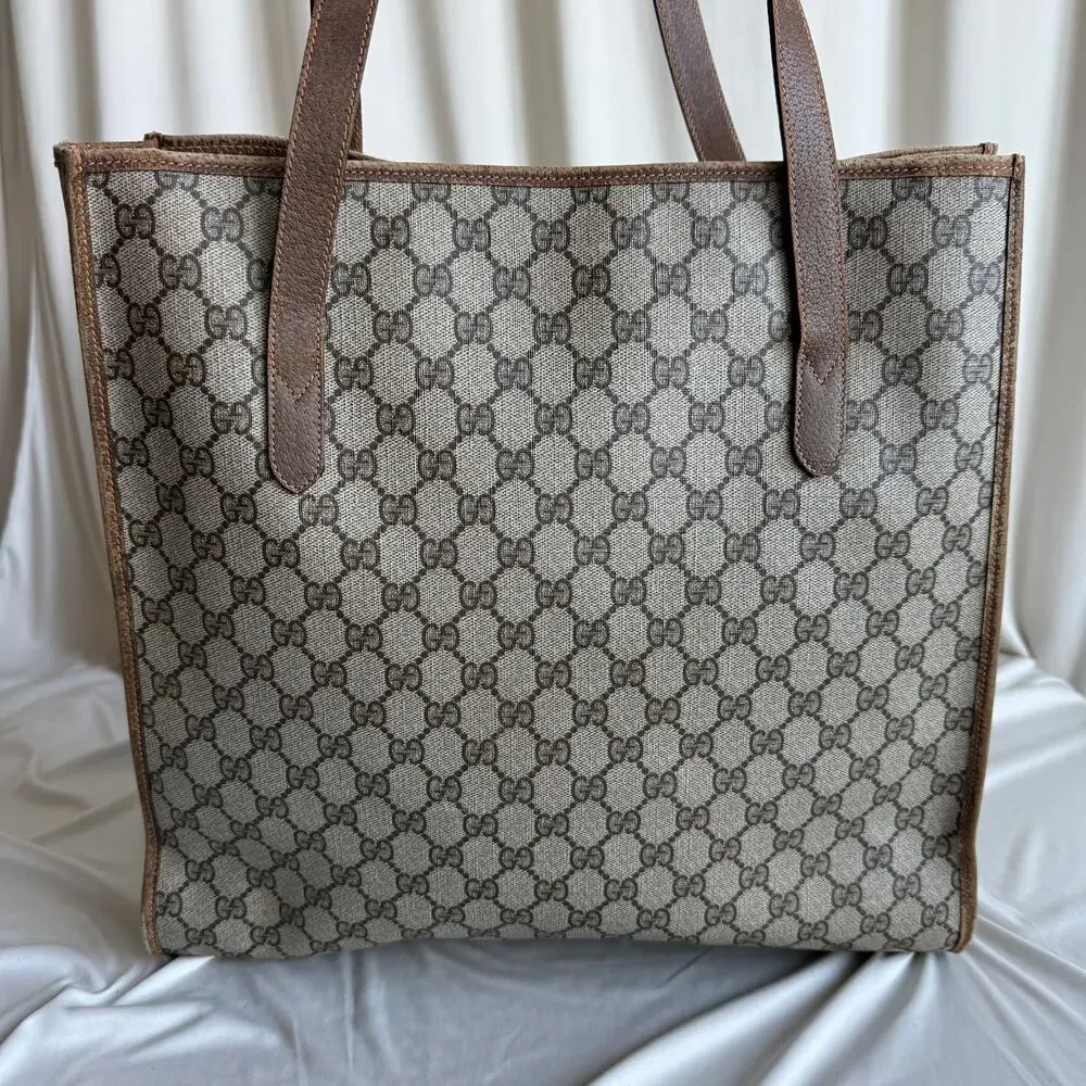 Gucci GG Supreme Vertical Tote - Brown Leather Trim, Large, Vintage